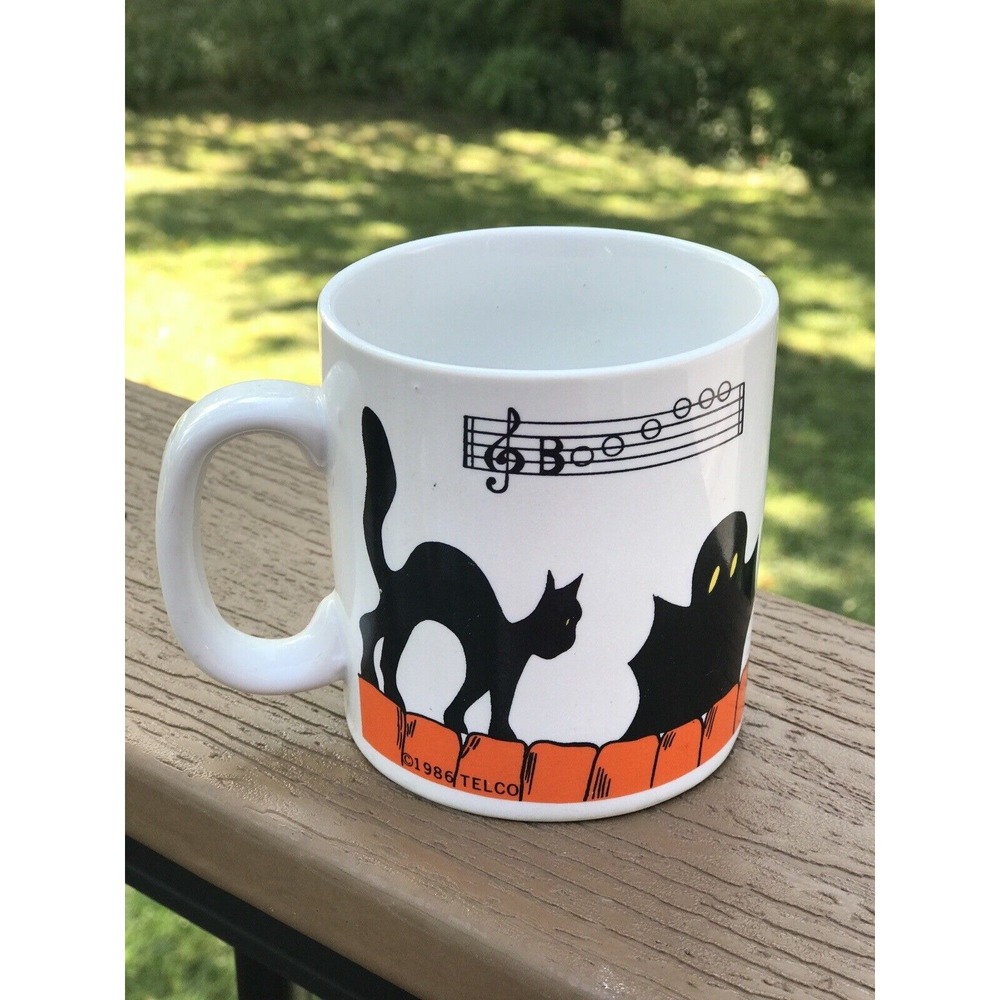 Telco Halloween Black Cat Orange Pumpkin Coffee Mug Cup‎ Booooo 1986